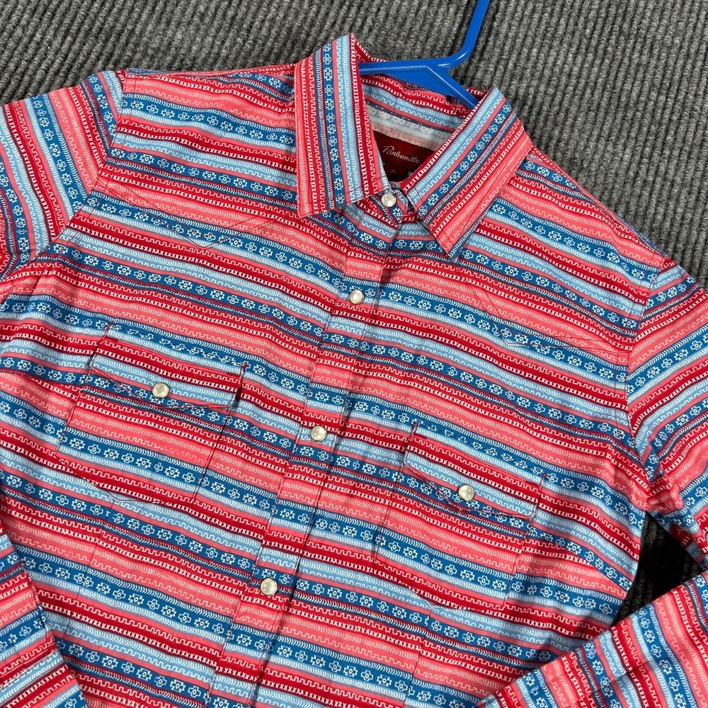 Panhandle Shirt Womens Medium Red Blue Striped Long Sleeve Pearl Snap‎ Westen